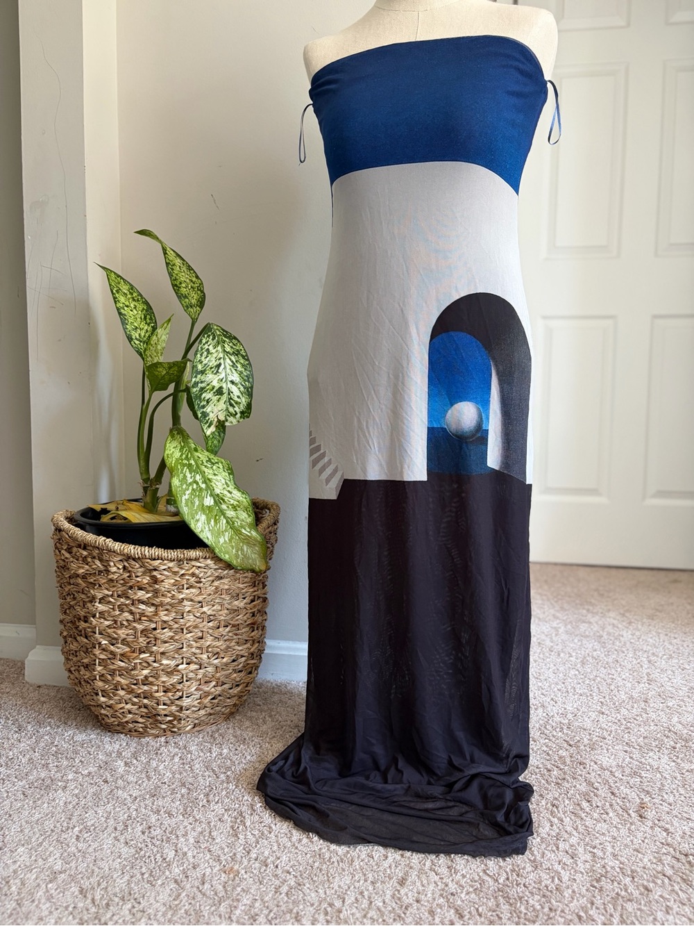 Zara Blue, White & Black Abstract Strapless Maxi Dress